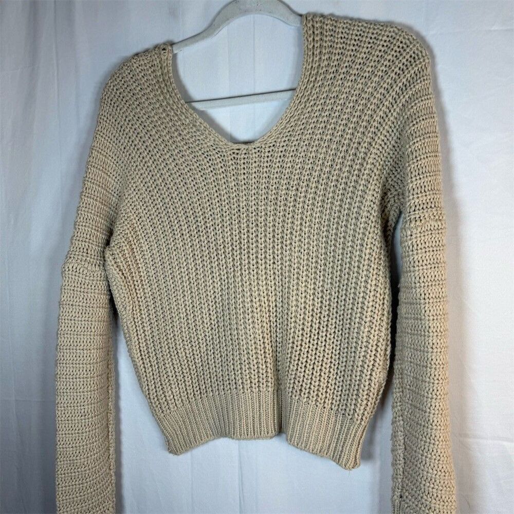Poof Apparel Sweater Womens Size S Tan Chunky Knit V-Neck Pullover